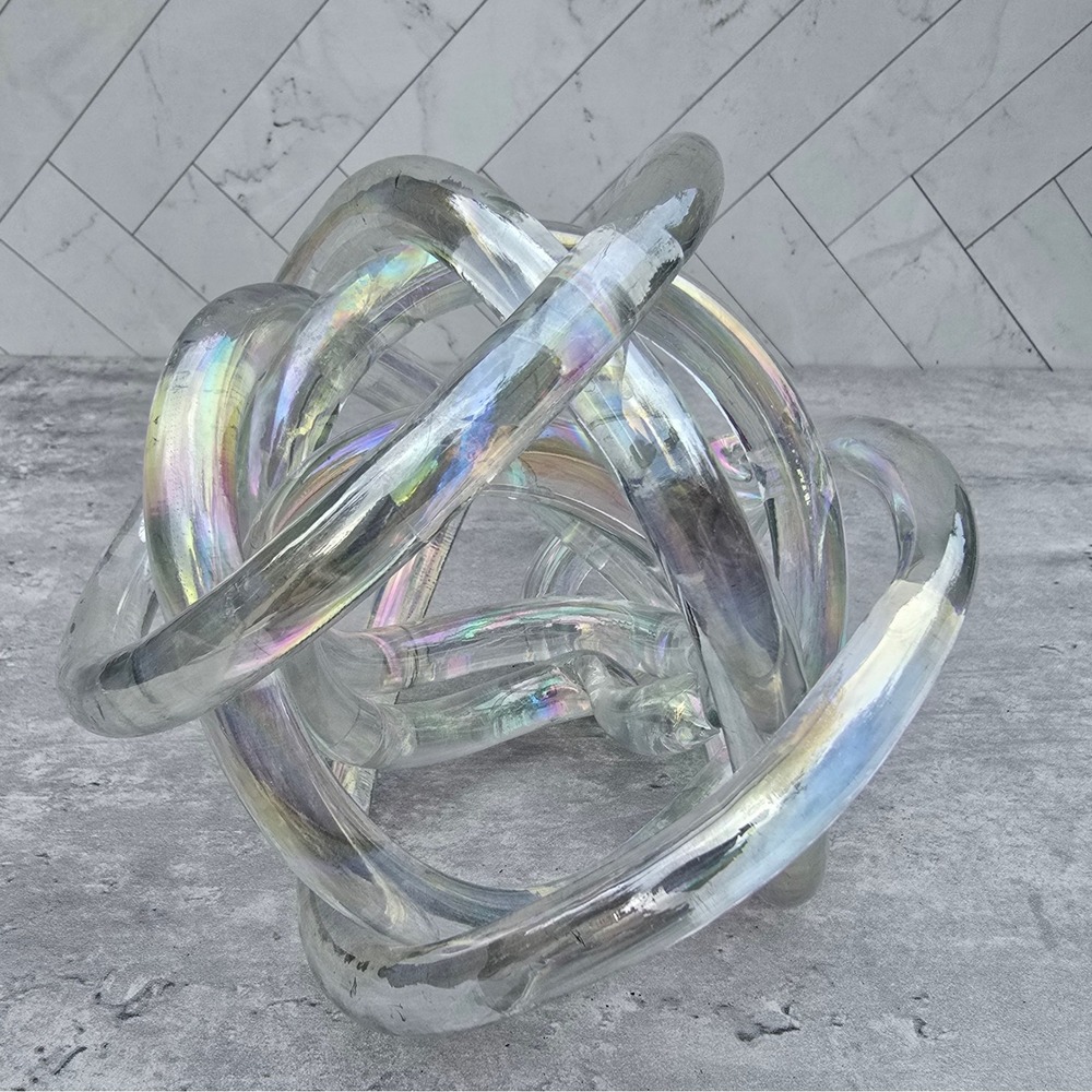 Iridescent Glass Knot Sculpture Clear Rainbow Hand Blown Decorative Art Object